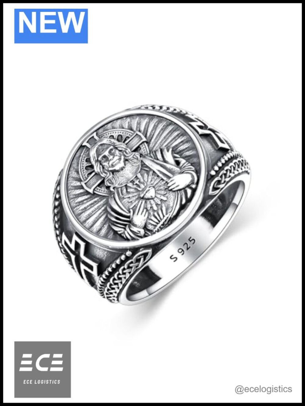 Men's 925 Sterling Silver Sacred Heart of Jesus Ring Size 10